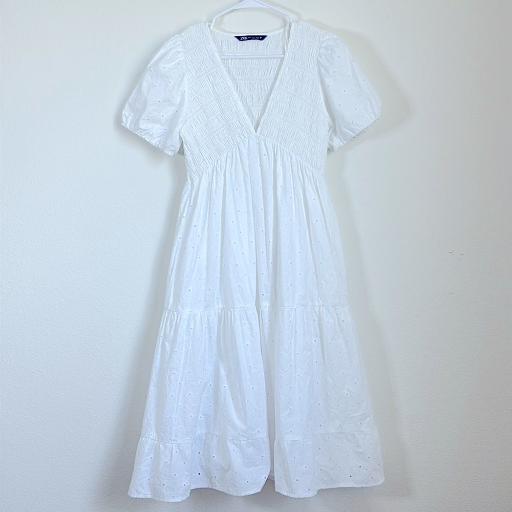 Zara Borderie Anglaise Cotton Eyelet Tiered White Maxi Dress